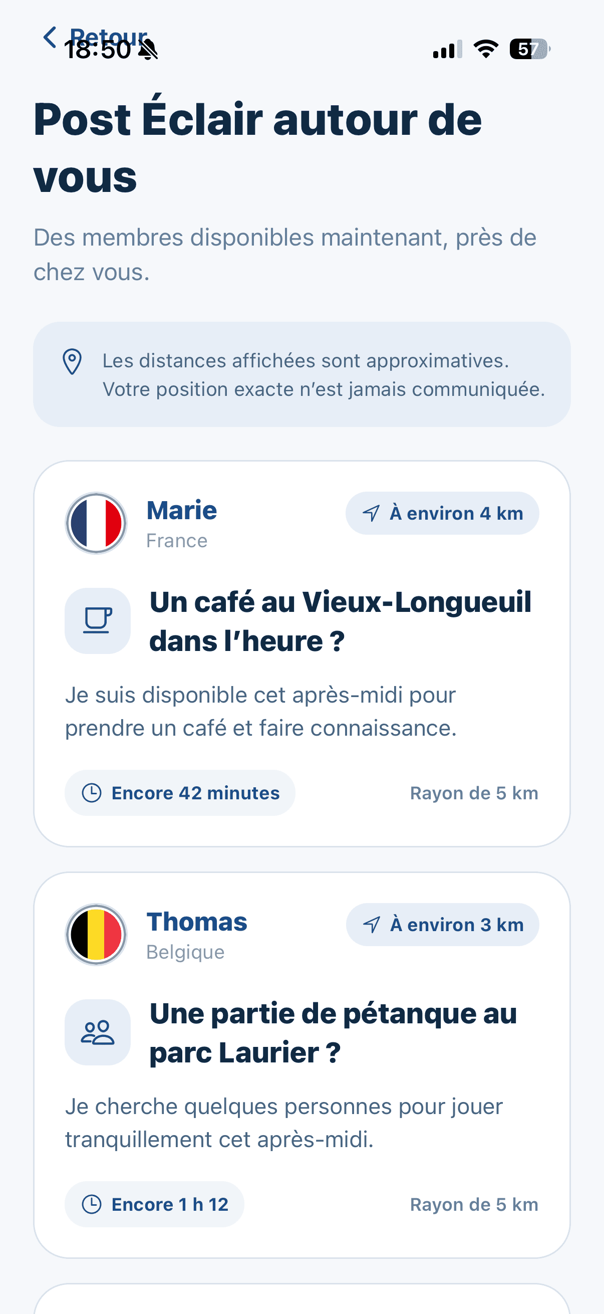 Écran Post Éclair de l’application EuroConnect